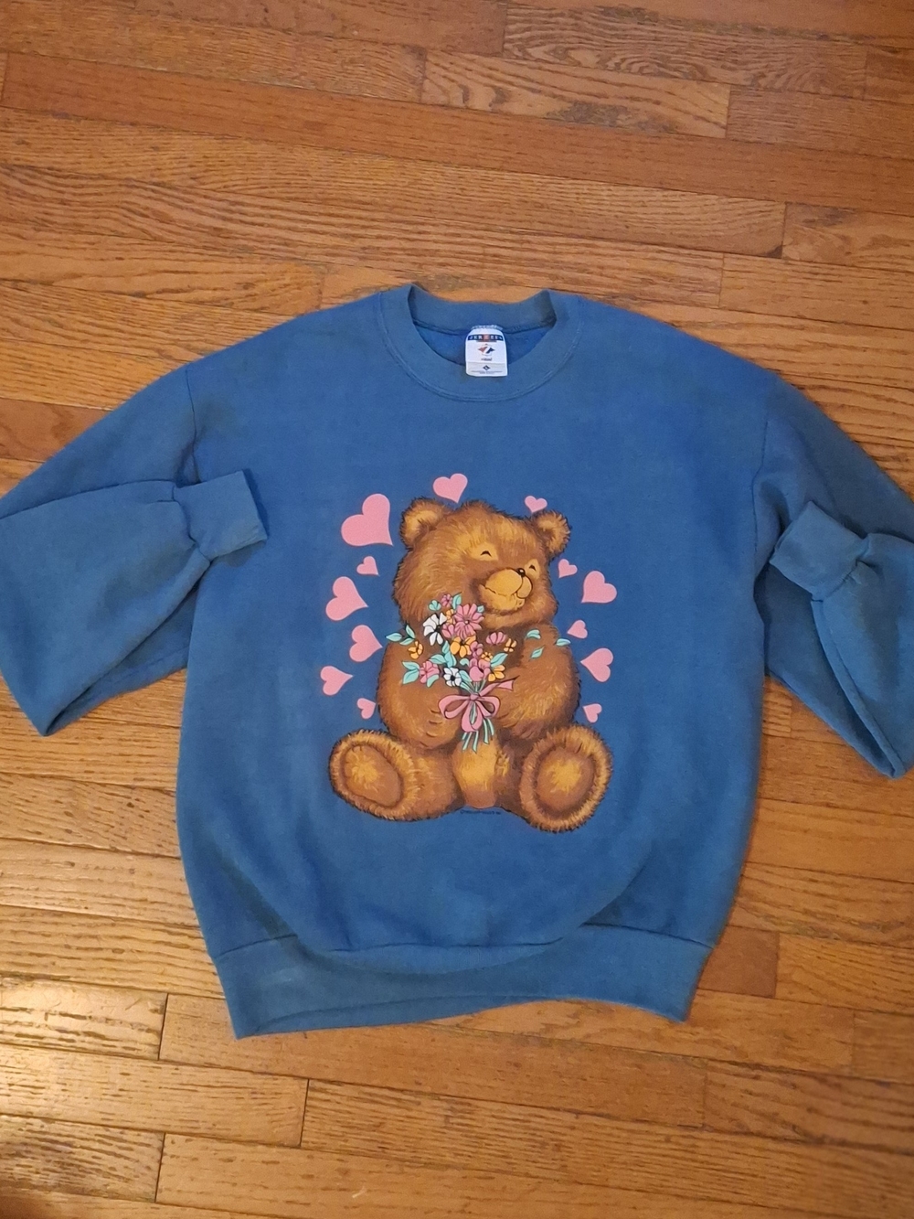 Jerzees Blue Bear Crewneck Sweatshirt with Pink Hearts